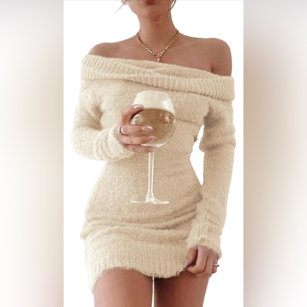 Women's Off Shoulder Slim Fit Long Sleeve Solid Color Fuzzy Knit Dress Sz S